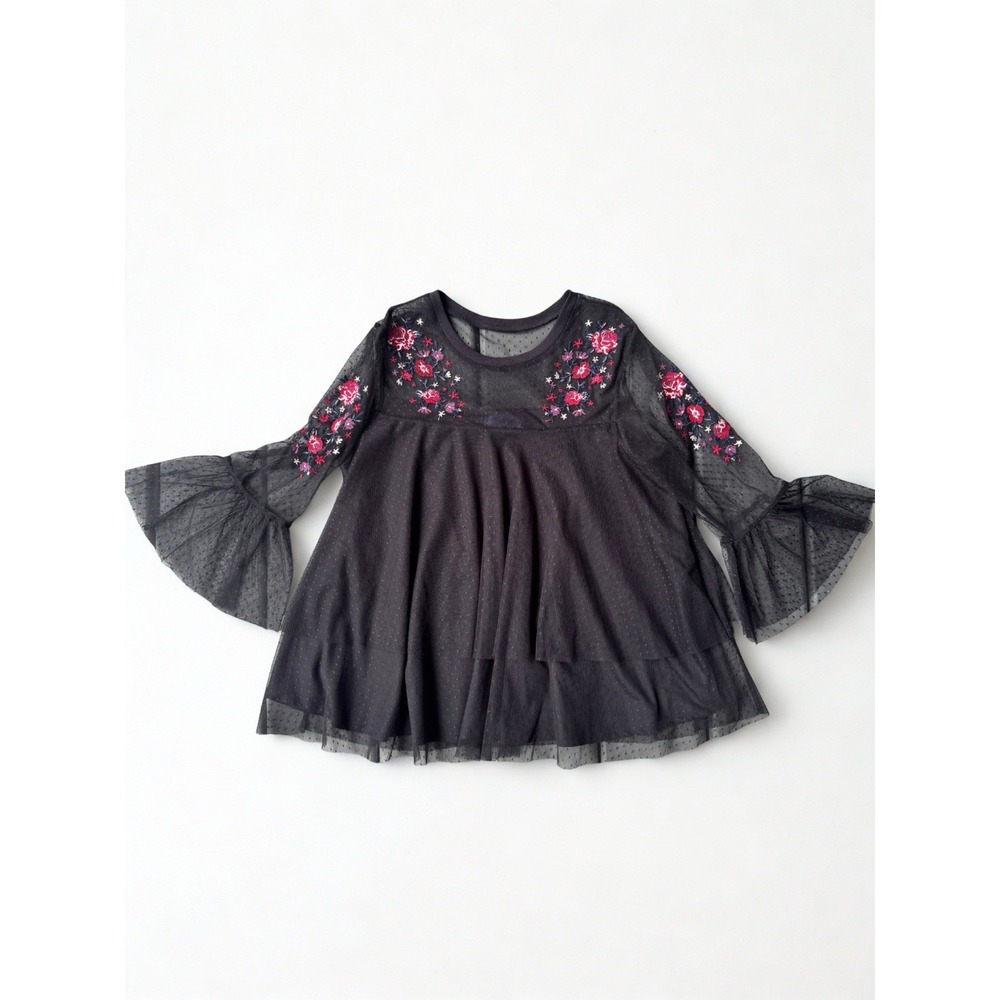 Women's Long Lace Sleeve Floral Embroidered Top Grunge Whimsigoth Dark Fairy M